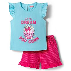 Babyhug Cotton Knit Half Sleeves Popcorn Printed T-Shirt & Shorts Night Suit With Polka Dots Print - Light Blue & Pink