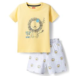 Babyhug Cotton Knit Half Sleeves T-Shirt & Shorts Night Suit with Lion Print - Yellow