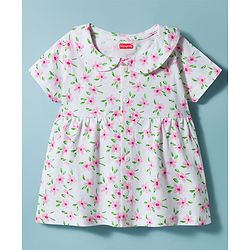 Babyhug Cotton Knit Half Sleeves Front Open Co-ords Top & Shorts Night Suit with Floral Print - White