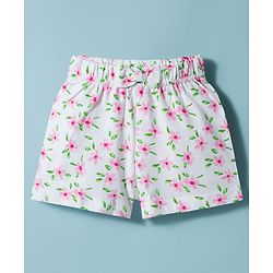Babyhug Cotton Knit Half Sleeves Front Open Co-ords Top & Shorts Night Suit with Floral Print - White
