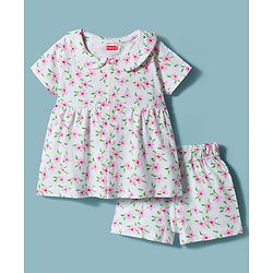 Babyhug Cotton Knit Half Sleeves Front Open Co-ords Top & Shorts Night Suit with Floral Print - White