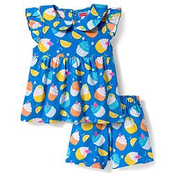 Babyhug Cotton Knit Frill Sleeves Co-ords Top & Shorts Night Suit with Tropical Theme Print - Blue