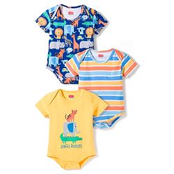 Babyhug 100% Cotton Knit Half Sleeves Onesies with Animal Print & Stripes Pack of 3 - Multicolor