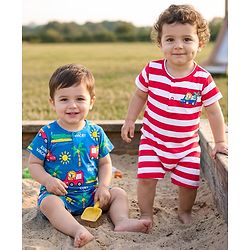 Babyhug 100% Cotton Knit Half Sleeves Onesies with Safari Theme Print Pack of 3 - Multicolor
