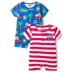 Babyhug 100% Cotton Knit Half Sleeves Onesies with Safari Theme Print Pack of 3 - Multicolor