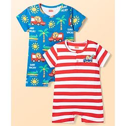 Babyhug 100% Cotton Knit Half Sleeves Striped Rompers with Beach Theme Print Pack of 2 - Multicolor