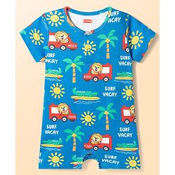 Babyhug 100% Cotton Knit Half Sleeves Striped Rompers with Beach Theme Print Pack of 2 - Multicolor