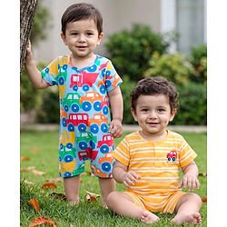 Babyhug 100% Cotton Knit Half Sleeves Striped Rompers with Car Print Pack of 2 - Multicolor