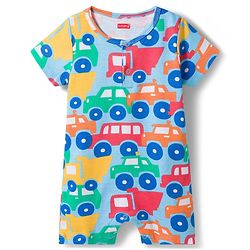 Babyhug 100% Cotton Knit Half Sleeves Striped Rompers with Car Print Pack of 2 - Multicolor