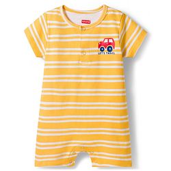 Babyhug 100% Cotton Knit Half Sleeves Striped Rompers with Car Print Pack of 2 - Multicolor