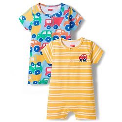 Babyhug 100% Cotton Knit Half Sleeves Striped Rompers with Car Print Pack of 2 - Multicolor