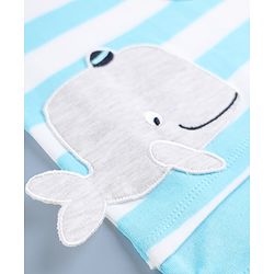 Babyhug 100% Cotton Interlock Knit Half Sleeves Striped Onesie With Whale Applique - Light Blue
