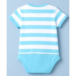 Babyhug 100% Cotton Interlock Knit Half Sleeves Striped Onesie With Whale Applique - Light Blue