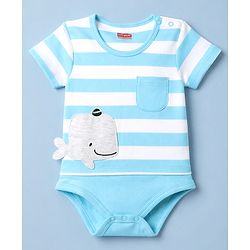 Babyhug 100% Cotton Interlock Knit Half Sleeves Striped Onesie With Whale Applique - Light Blue