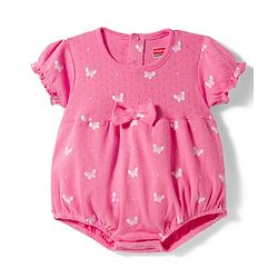 Babyhug 100% Cotton Interlock Knit Half Sleeves Onesie & Hairband With Butterfly Print & Bow Applique - Pink