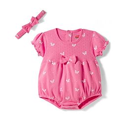 Babyhug 100% Cotton Interlock Knit Half Sleeves Onesie & Hairband With Butterfly Print & Bow Applique - Pink