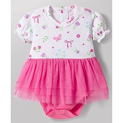 Babyhug 100% Cotton Knit Half Puffed Sleeves Frock Style Onesie with Floral Print - Multicolor