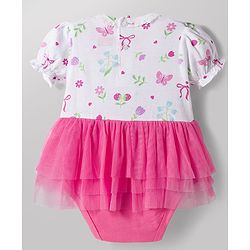 Babyhug 100% Cotton Knit Half Puffed Sleeves Frock Style Onesie with Floral Print - Multicolor