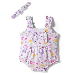 Babyhug 100% Cotton Knit Sleeveless Floral Printed Onesie with Headband & Bow Applique- White