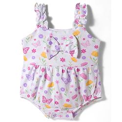 Babyhug 100% Cotton Knit Sleeveless Floral Printed Onesie with Headband & Bow Applique- White