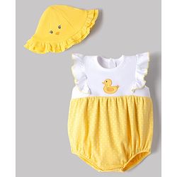Babyhug 100% Cotton Knit Sleeveless Duck Embroidered & Polka Dots Printed Onesie With Cap - Yellow & White