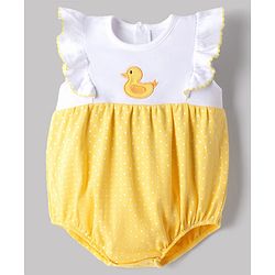 Babyhug 100% Cotton Knit Sleeveless Duck Embroidered & Polka Dots Printed Onesie With Cap - Yellow & White