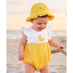 Babyhug 100% Cotton Knit Sleeveless Duck Embroidered & Polka Dots Printed Onesie With Cap - Yellow & White