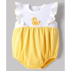 Babyhug 100% Cotton Knit Sleeveless Duck Embroidered & Polka Dots Printed Onesie With Cap - Yellow & White