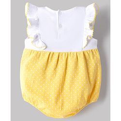 Babyhug 100% Cotton Knit Sleeveless Duck Embroidered & Polka Dots Printed Onesie With Cap - Yellow & White