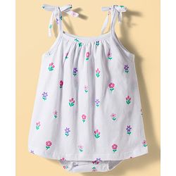 Babyhug 100% Cotton Knit Floral Printed Frock Style Onesie - White