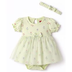 Babyhug 100% Cotton Knit Half Puffed Sleeves Floral Printed Frock Style Onesie with Headband & Bow Applique - Lime Green