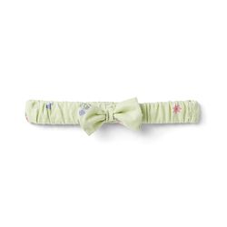 Babyhug 100% Cotton Knit Half Puffed Sleeves Floral Printed Frock Style Onesie with Headband & Bow Applique - Lime Green