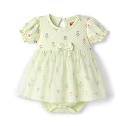 Babyhug 100% Cotton Knit Half Puffed Sleeves Floral Printed Frock Style Onesie with Headband & Bow Applique - Lime Green