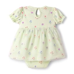 Babyhug 100% Cotton Knit Half Puffed Sleeves Floral Printed Frock Style Onesie with Headband & Bow Applique - Lime Green