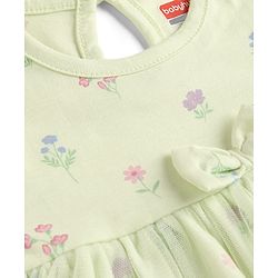 Babyhug 100% Cotton Knit Half Puffed Sleeves Floral Printed Frock Style Onesie with Headband & Bow Applique - Lime Green