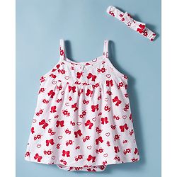 Babyhug 100% Cotton Knit Sleeveless Frock Style Onesie with Hairband & Floral Print - White