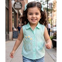Babyhug Cotton Seer Sucker Woven Sleeveless Checkered Top with Crochet Flowers - Light Blue & White