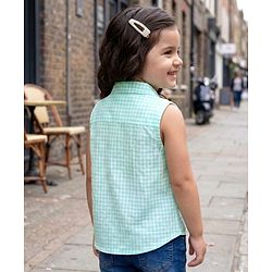 Babyhug Cotton Seer Sucker Woven Sleeveless Checkered Top with Crochet Flowers - Light Blue & White