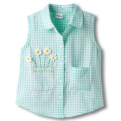 Babyhug Cotton Seer Sucker Woven Sleeveless Checkered Top with Crochet Flowers - Light Blue & White