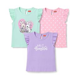 Babyhug 100% Cotton Knit Half Sleeves Polka Dots Bunny & Text Printed T-Shirts Pack of 3 - Pink Lilac & Sea Green