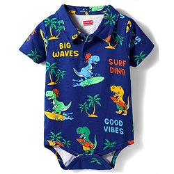 Babyhug 100% Cotton Knit Half Sleeves Dino Printed Onesie - Navy Blue