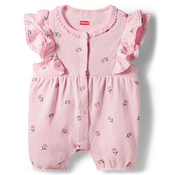 Babyhug 100% Cotton Knit Frill Sleeves Floral Printed Romper with Hairband - Pink