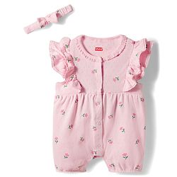 Babyhug 100% Cotton Knit Frill Sleeves Floral Printed Romper with Hairband - Pink