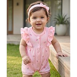 Babyhug 100% Cotton Knit Frill Sleeves Floral Printed Romper with Hairband - Pink