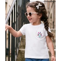 Babyhug 100% Cotton Knit Half Sleeves Floral Embroidered T-Shirt - White