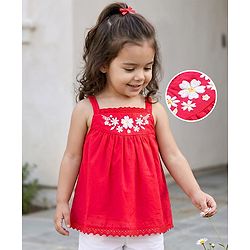 Babyhug 100% Cotton Dobby Woven Sleeveless Top with Floral Embroidery - Red