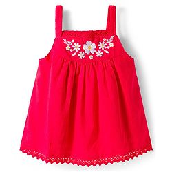 Babyhug 100% Cotton Dobby Woven Sleeveless Top with Floral Embroidery - Red