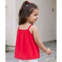 Babyhug 100% Cotton Dobby Woven Sleeveless Top with Floral Embroidery - Red