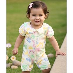 Babyhug 100% Cotton Knit Half Sleeves Front Open Romper with Floral Print - Multicolor