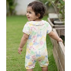 Babyhug 100% Cotton Knit Half Sleeves Front Open Romper with Floral Print - Multicolor